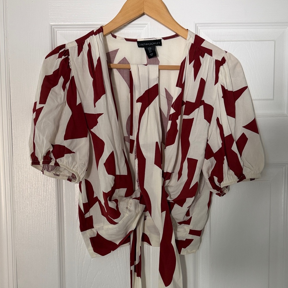 Cynthia Rowley Rust & Cream Abstract Tie-Front Puff Sleeve Blouse